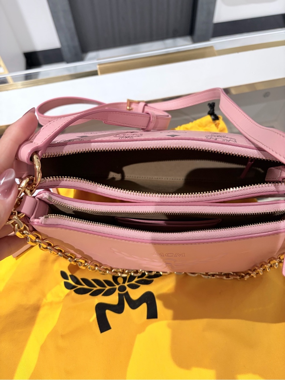 MCM Pink Patent Leather Crossbody with Gold Chain
